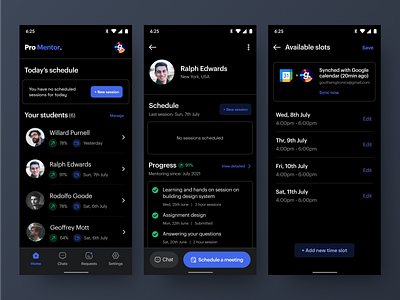 mentor scheduling. (dark mode) dark mode dark ui gouthamgtronics mentor mentor scheduling mobile app dark