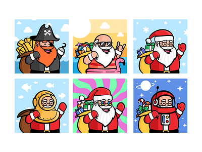 Santa options beach cartoon character christmas cute gifts hippy illustration new year nft pirate presents santa santa clause smile space summer underwater winter xmas