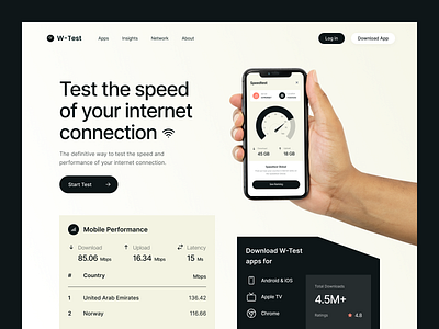 W-Test: Data Usage & Speedtest Landing Page broadband clean data usage hero hero section internet landing landing page landing page design mobile app design speed test trend ui user interface visual identity web design wifi wifi usage