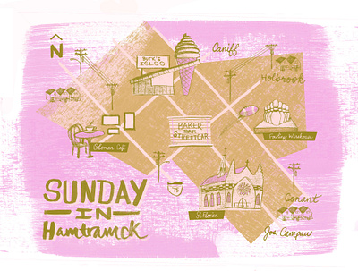 Sunday in Hamtramck - Map Illustration branding brush design detroit hamtramck icon illustration landmarks lettering logo map texture typography vector