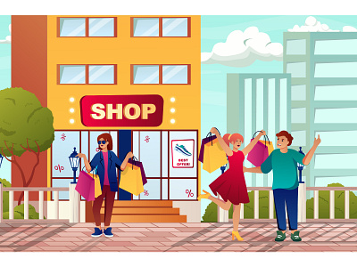 Street Shopping Cartoon Illustration 3d background banner cartoon character city concept design flat illustration landing page people sale shop shopping street vector web website