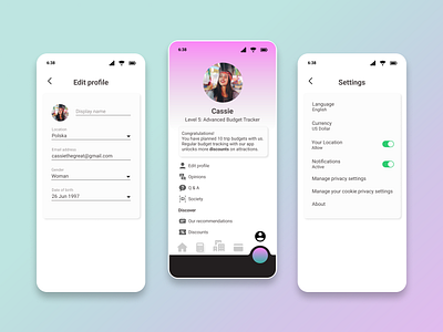 Settings app application budget tracking challenge dailyui figma money tracker profile profile settings settings travelling travelling app ui uiux ux