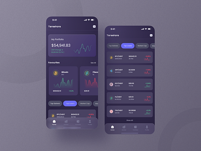 Tereshore - A simple, easy to use crypto exchange app app bitcoin candle chart chart cryptocurrency dark dark ui design finance fintech line chart mobile mobile app trade trading ui ux