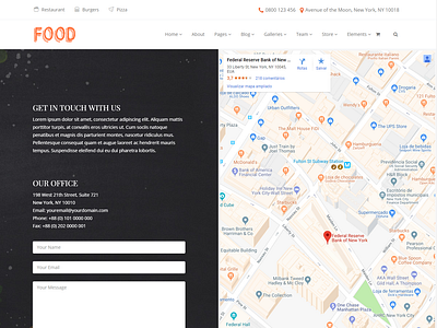 Contact Us Page - Food WordPress Theme contact form design emails food google maps graphic design illustration logo pages plugins responsive restaurant site builder template templates theme ui web design wordpress wordpress theme