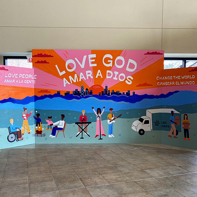 Willow Creek Church Mural campfire character design chicago church city community ill illustration landscape lettering mountains mural outdoors people sunset worship