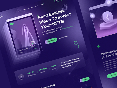 NFT Marketplace Website branding creative dark darkmode design illustration nft marketplace nfts nfts card nfts marketplace purple uidesign ux uxdesign webdesign