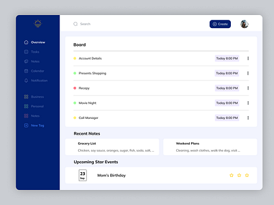 Tasks Management app board calendar design events figma management notes personal tags tasks ui web