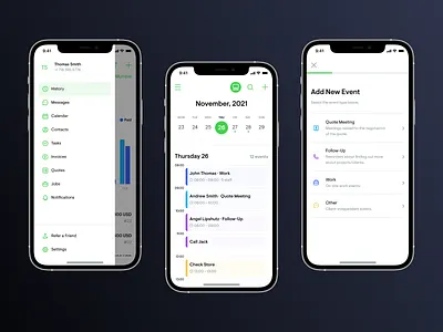SaaS CRM iOS App app calendar crm date design event event management events hamburger menu information architecture ios menu mobile mobile menu mobile navigation mobile ui mobile ui design saas software as service time management