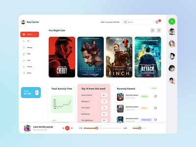 Movie Streaming Dashboard UI cinema entertaiment film flatdesign interface live movies music shows tv
