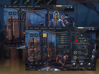Conceptual redesign of Chivalry II's weapon cosmetics menu figma gamedesign gameui illustration ux video video games