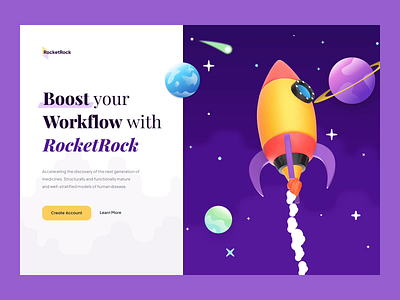 Exploration | RocketRock Header Illustration 3d 3d animation 3d illustration animation blender boost clean dark design header illustration motion graphics orange purple render rocket space ui ui design ux