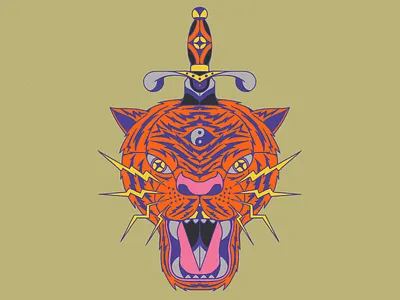 Tygr 🐅🗡 bolt dagger guadalajara illustration mexico neo traditional neon orange stars tattoo thunder tiger tigre traditional