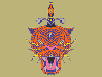 Tygr 🐅🗡 bolt dagger guadalajara illustration mexico neo traditional neon orange stars tattoo thunder tiger tigre traditional