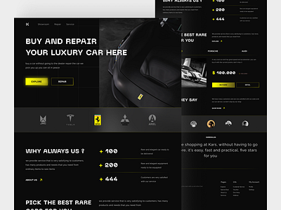 Kars - Shop & Repair cars cars dark theme detail page fixing car footer hero section home landing page online shop repair shopping showroom social proof testimonial ui web design