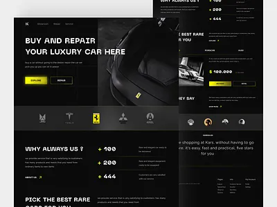 Kars - Shop & Repair cars cars dark theme detail page fixing car footer hero section home landing page online shop repair shopping showroom social proof testimonial ui web design