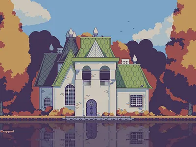 Manor with a lakeview 8bit architecture environment design gameart graphic design illustration pixel art pixelart pixels retro