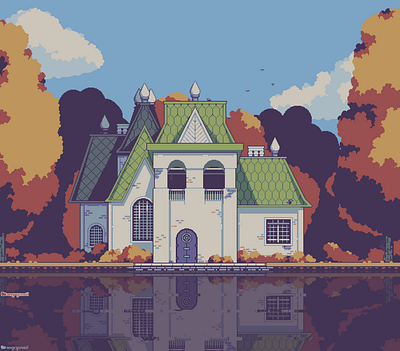 Manor with a lakeview 8bit architecture environment design gameart graphic design illustration pixel art pixelart pixels retro