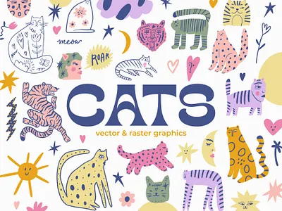 Cats Bundle bizarre boho bundle cats clipart doodle funky funny character groovy handdrawn illustration kawaii quirky tigers trend trendy colors vector