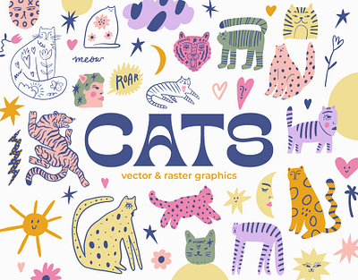 Cats Bundle bizarre boho bundle cats clipart doodle funky funny character groovy handdrawn illustration kawaii quirky tigers trend trendy colors vector