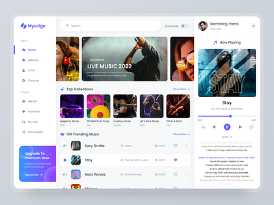 Myuzige - Music Streaming Dashboard dark mode dark theme dashboard jazz lyric music player playlist pop rock song stream streaming tracks ui uiux ux web app