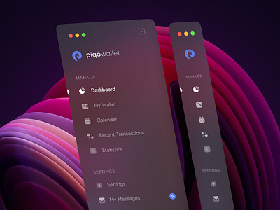 Piqowallet Sidebar Menu Navigation - Dark app app ui application banking branding card dark design finance flat glass graphic design illustration light logo menu minimal sidebar ui wallet