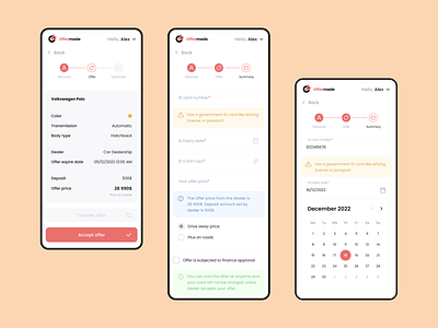 Car sale platform alert buying calendar car form input mentalstack mobile app notifications offer sale stepper steps summary