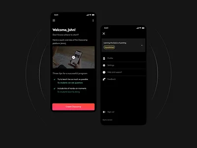 Classcamp iOS - Home and menu app clean creators dark darkmode home interface ios menu mobile startup ui