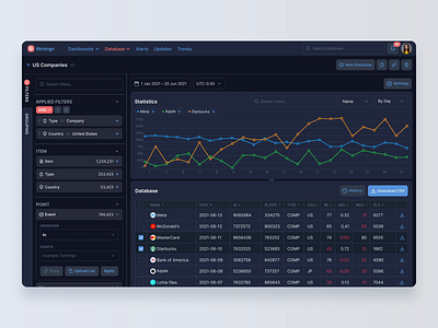 SaaS system for business analysts. Big Date. Data visualization. analytics application big data chart dark theme dashboard data database filters graph interaction interface interface animation saas spreadsheet statistics table ui ux web app