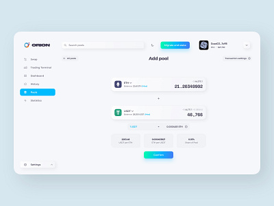 DeFi Dashboard Adding Pool Form Light add pool blockchain coins crypto crypto design cryptocurrency dashboard defi ethereum form glass glassmorphism governance minimal pool search sidebar swap token ui design