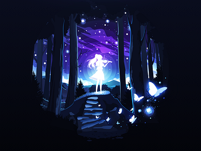 Night Song art blue butterflies forest girl illustration inspire landscape music nature negative night proart prok art prokopenko relax scene tree violin violinist