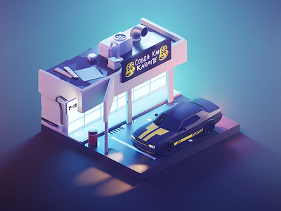 Cobra Kai 3d blender car challenger cobra kai diorama dodge illustration isometric lowpoly render