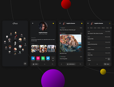 Orbit app concept connection dark design figma friends illustration logo management meta mobile social media ui ux