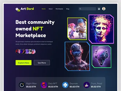 NFT Marketplace Website agency arible bitcoin buy cpdesign creativepeoples crypto art dark design ethereum landign page nft nft art nft marketplace nfts purchase sell token token art virtual coin web design