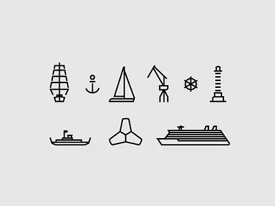 Marine icons anchor bark brandbook branding city crane cruise ship ferry icon identity illustration klaipeda lighthouse logo port tetrapod vector yacht