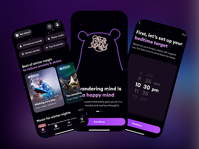 Sleeping App app bedtime target calming christmas sounds dark mode lifestyle meditation mindfulness mobile app relaxation ringtones sleep sleep music sleep schedule sleep stories sleep tracking sleeping habit strees reduction ui ux wandering mind