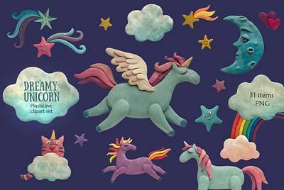 Cute plasticine set "Dreamy unicorns" PNG illustrations illustration sculpt