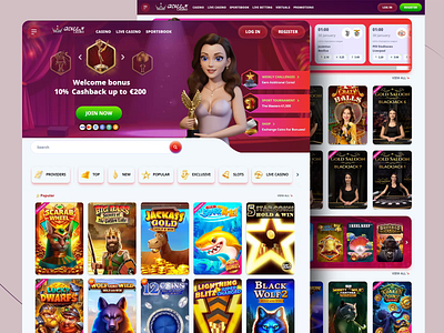 Queen Casino - Online Casino Web Version bet bidding bonuses cashback casino casino design casino web characters gambling game bonus illustration interactive design landing page online casino slot slot games ui ux web design website