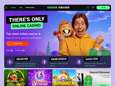 Online Casino Landing Page bonuses casino games casion creation collections deposit finance gambling gambling experience illustration landing minimal design online casino promotions simple design sleek layout tokens user intreface uxui web design website