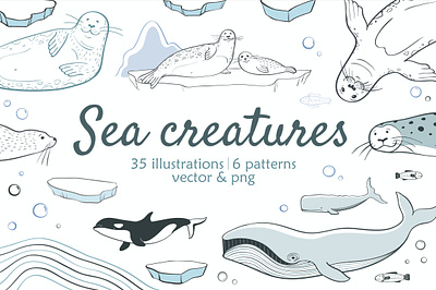 Cute set of Sea creatures illustration northern animals vector