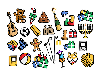 Presents ball branding design dog drink gameboy gingerbread gold golf guitar icon icon set illustration jewish poop presents tedy toys vector