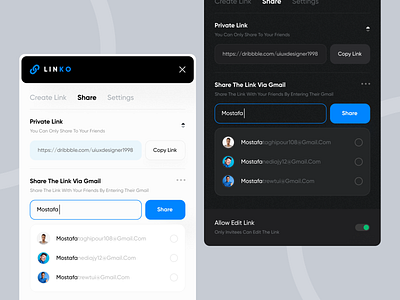 linko share modal branding clean components daily ui design design system designer graphic design link minimal mobile ui modal modal box settings share ui ux visual system web website