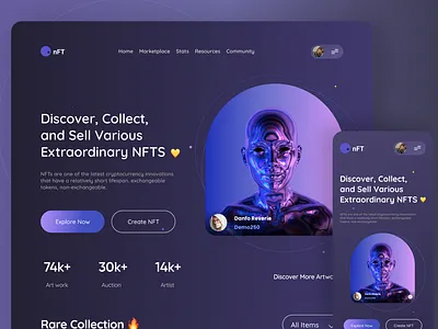 NFT(Landing page)💜 3d bitcoin character clean coin cryptocurrency dark mode ethereum exploration landing page modern nft simple tokens ui uidesign ux uxdesign web website