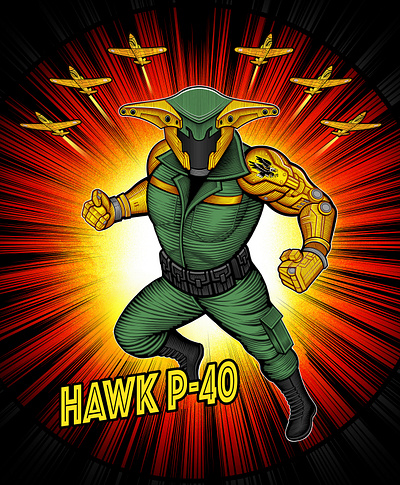 Hawk P-40 Howling Fury illustration for Mezco Toyz adobe fresco airplane army comic book comic book art explosion illustration illustrations jet poster toy toy packaging usaf vector vector art