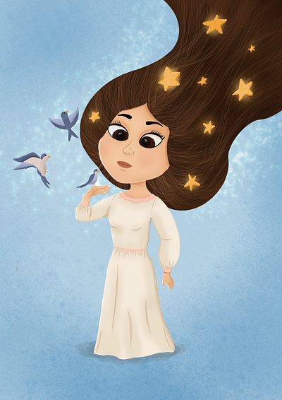 The maiden who patronizes birds and wears stars in the hair illustration