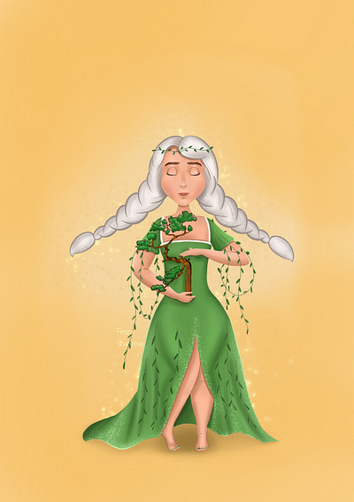 The maiden who protects trees and wears two white braids girl illustration maiden procreate tree