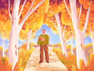 Father🤍 2d autumn book character day fall forest illustration leaves memory procreate road trees wood yellow
