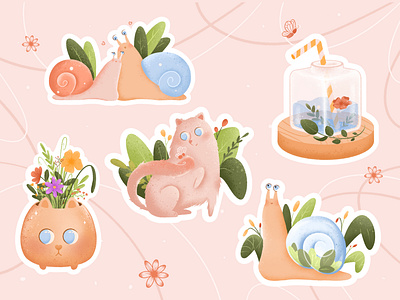 Cute stickers pack art cat character cute digital sticker graphic design icon illustration logo patswerk pink procreate snail sticker design sticker pack stickers vector