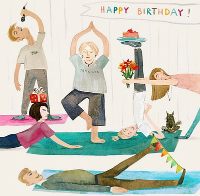 Birthday card illustration birthday card cartoon character children book family gift illustration postcard procreate watercolor yoga