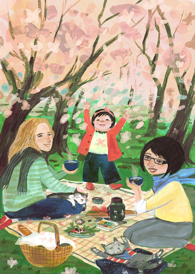 Sakura blossom picnic acrylic blossom cartoon character children book family girl hand drawing illustration japan picnic procreate sakura