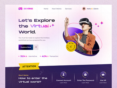 DEVERSE - Virtual World Web Design ai artificial artificial intellegence blockhain crypto futuristic game gradient header illustration imagination landing page metaverse nft uiux virtual virtual reality virtual world vr web design